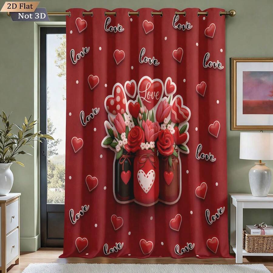 1pc Red Heart & Flower Pattern Printed Blackout Curtain Panel, Continuous Repeat Design Fits All Width Windows, Suitable For Living Room And Bedroom, Made Of Polyester Fabric, Machine Washable, Home Decor For Valentine's Day And Christmas - 0580+250XHCL - View 1