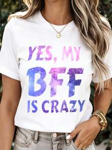 White Crew Neck T-Shirt With The Inscription "Yes My Bff Is Crazy Galaxy" For Casual Wear - 黑色 - 查看 7