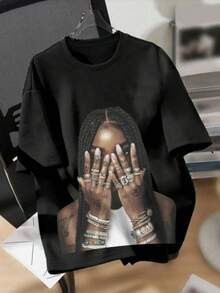 Women's T-Shirt With Pattern And Dropped Shoulders - 黑色 - 查看 1