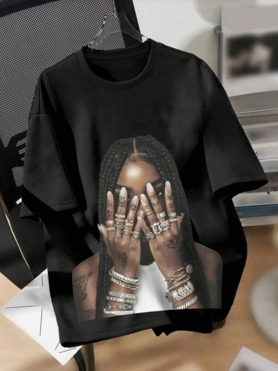 Women's T-Shirt With Pattern And Dropped Shoulders - 黑色 - 查看 1