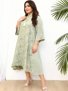 2026 New Style Ramadan Traditional Elegant Floral Embroidered Beaded V-Neck Dress With Tassel Trim For Women - Green - View 11
