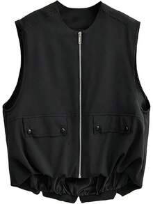 Women's Oversized Zip Up Cargo Vest Casual Ruched Hem Sleeveless Jackets Vest Top With Pockets - 黑色 - 查看 5
