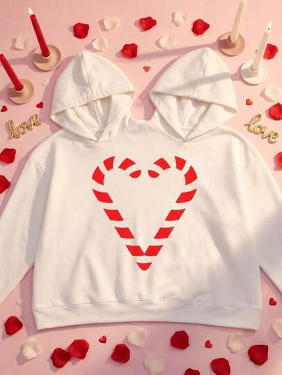 Valentine's Day Print, Besties & Couples Must-Have, Women's Unique Long Sleeve Sweatshirt With Two Hoods Oversized Fit Long Length One-Size For Fall/Autumn&Winter, For Daily/Holiday/School/Home/Street, Casual/Simple/Y2K/Office