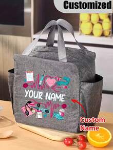 1pc Customized Name Nurse Tote Bag, Personalized Nurse Theme Lunch Bag, Custom Name, Heartbeat & Stethoscope Print Design - Multicolor - View 7
