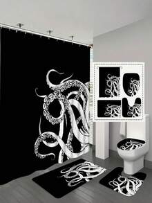 Elegant Octopus Design Bathroom Set: Includes 12 Free Hooks, Shower Curtain, Bath Mat And Toilet Seat Cover - Ideal For Walk-In Shower - Multicolor - View 24