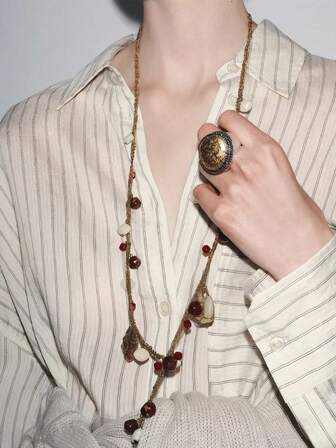 ZAA Colored Resin Y-Shaped Necklace, Stone Pendant Necklace, Bohemian Style Colorful Necklace, Women's Jewelry, Sweater Decorative Chain, Minimalist Style Necklace