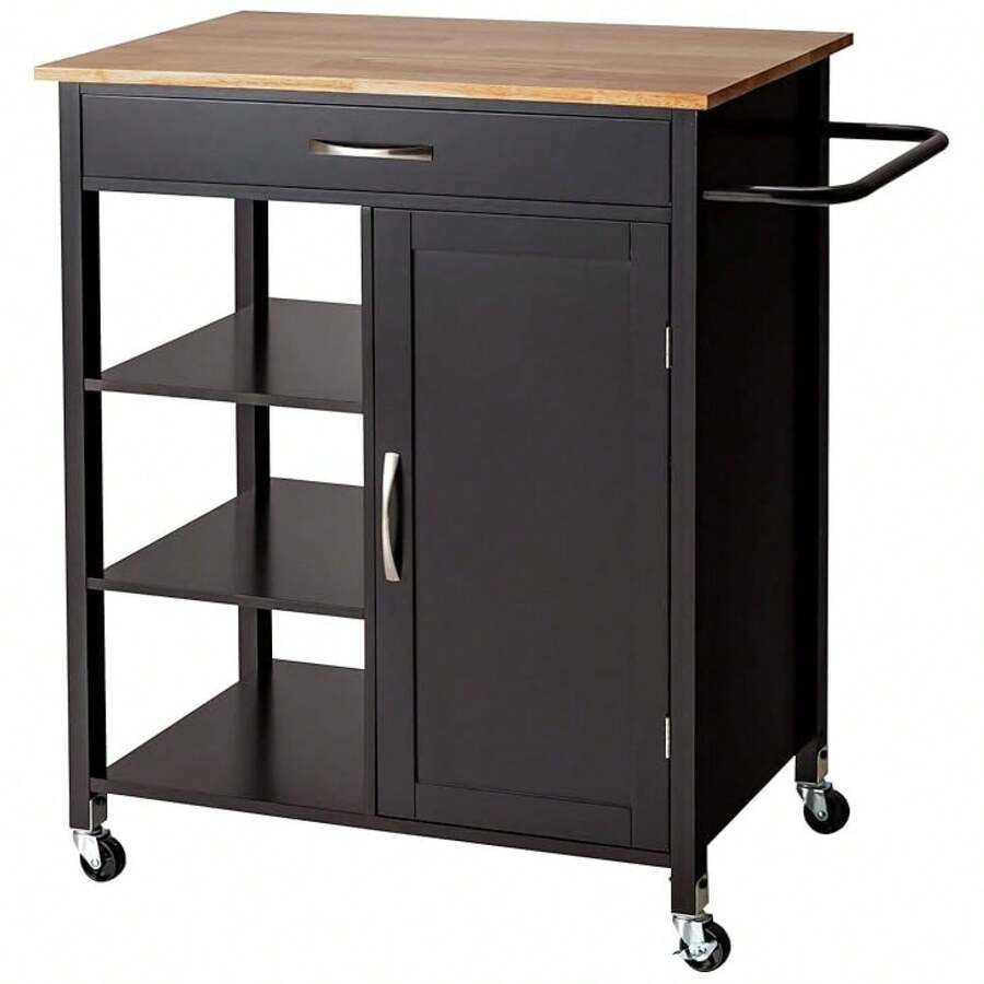 Kitchen Island Cart With Wheels - Mobile Kitchen Cart, 1 Door, Large Drawer, 3 Shelves, Rubber Wood Top, Towel Bar, Rolling Serving Cart For Kitchen Dining Room Brown - As Picture 217 - View 1