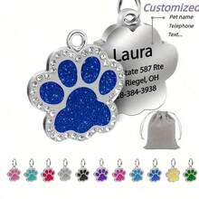 Personalized Engraved Pet Name Tag - High-Quality Glitter Paw Shape Cat Dog Collar ID Tag, Customized Pet ID Tag With Glitter Paw Design