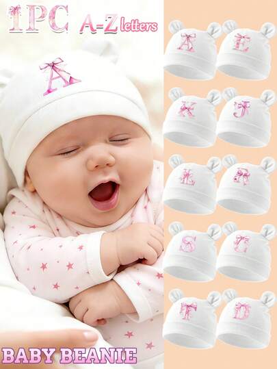 1件套个性化字母印花粉色婴儿帽套装，A-Z蝴蝶字母可选，适合0-6个月新生儿，适合作为节日礼物和四季皆宜的服装。
