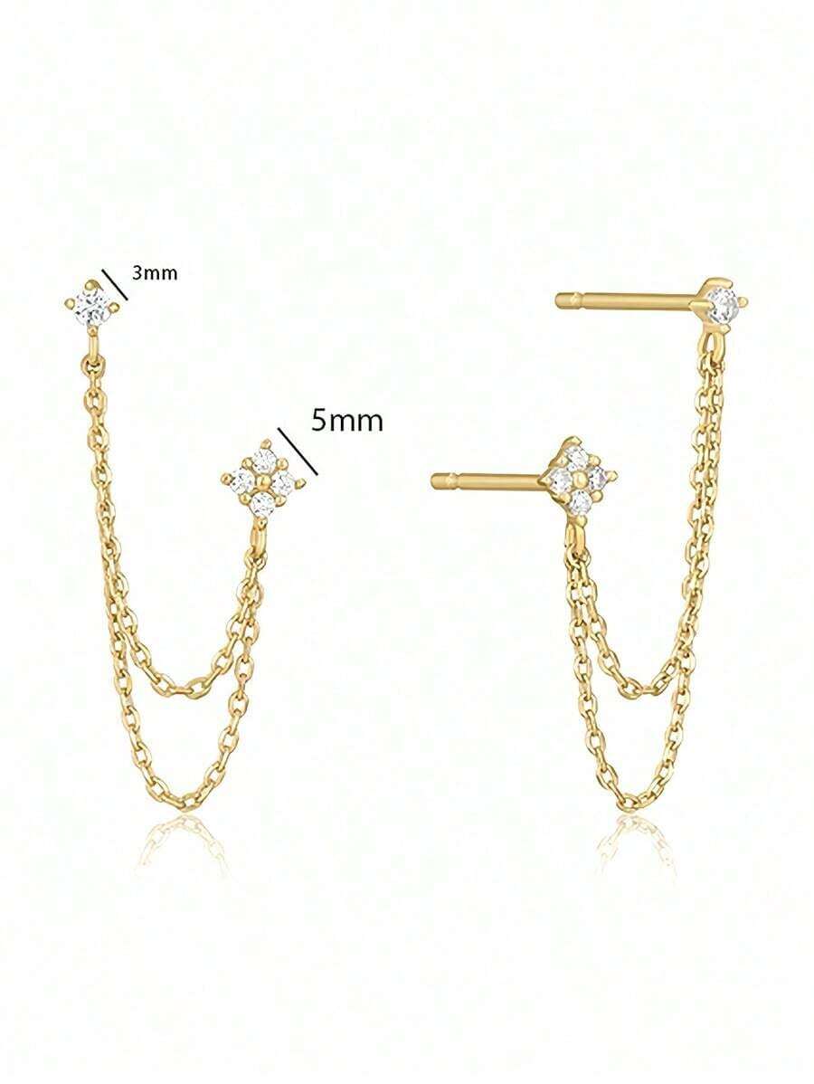 2pcs Cubic Zirconia Decor Chain Pendant Stud Earrings, Hypoallergenic Jewelry Gift For Women - Vàng - Xem 1