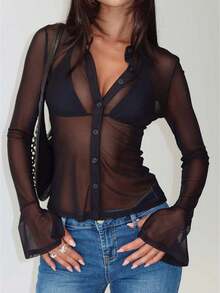 Women's Long Sleeve Sheer Mesh Button Down Shirts See Through Collared Slim Fit Tops Fashion  Mesh Blouse - 黑色 - 查看 1