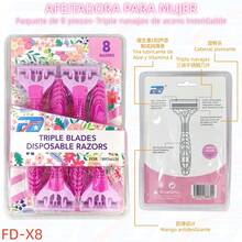FD Kit de 8 Rastrillos desechable para mujer con Triple hojas de acero inoxidable bien afilada Tira lubricante de Aloe + Vitamina E, Paquete afeitador cuerpo completo de plástico y silicón antideslisante, cabezal flexible, lavable