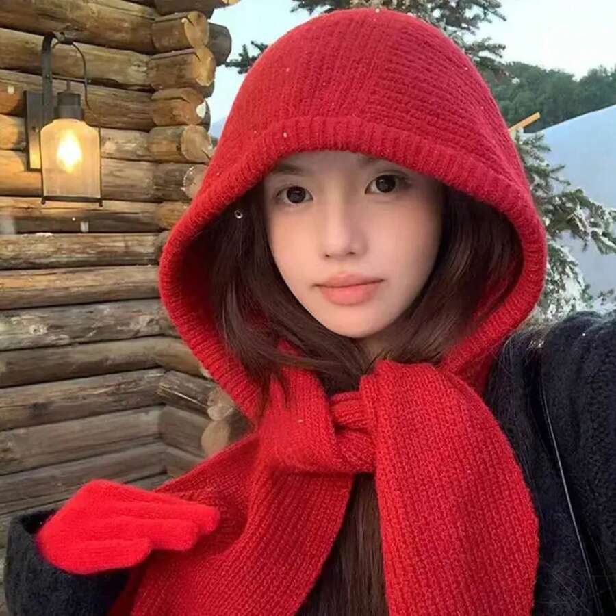 Knitted Winter Balaclava Thickened Hooded Hat Ear Protection Cap One-Piece Winter Accessories Neck Collar Outdoor Sports - Màu be - Xem 1