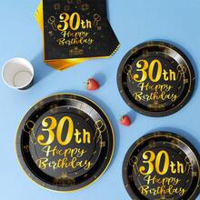 30th Birthday Black & Gold Disposable Plate, Napkin, Cup Set, Serves 8 Guests, Suitable For Birthday, Wedding, Party, Family Picnic - Multicolor - View 4