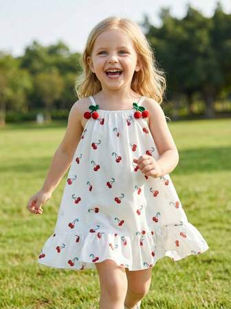 Vestido de tirantes 3D con estampado de flores de cerezo para niñas, estilo adorable de vacaciones, cómodo y versátil, vestido de princesa