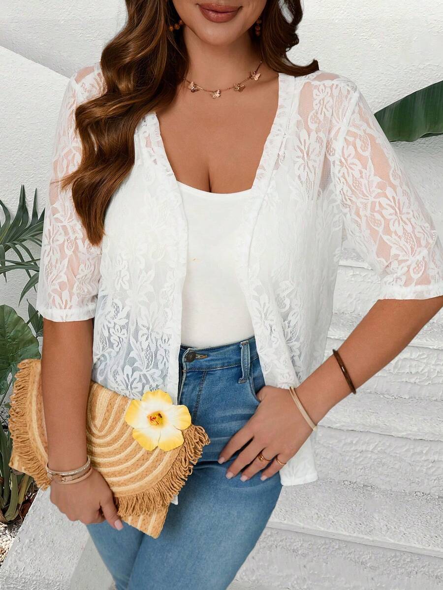 Plus Size Lace Short Sleeve Cardigan, Solid Color Knit Fabric, Sheer Hollow-Out, Suitable For Summer Daily Wear Spring White - White - View 1