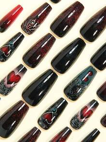 Walentynki – czerwone, ombre, luksusowe sztuczne paznokcie inspirowane baletem, z czerwonym sercem i kropkami w stylu Y2K - Wielokolorowe - Zobacz 4