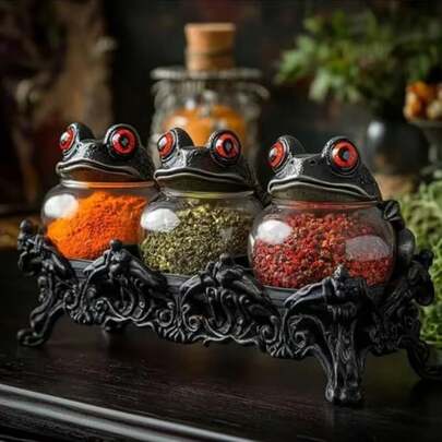 3pcs Witch & Frog Gothic Style Potion Jar Set, Handmade Ceramic Storage Canister With Frog Lid And Metal Base, Halloween Kitchen Spice Jar For Herbs, Tea, Salt, Sugar, Coffee, Unique Dark Aesthetic Home Decor, Creative Gift