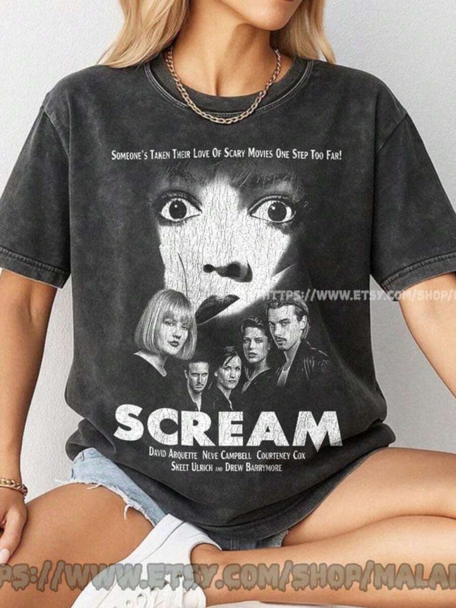 Scream Movie  Shirt, Scream Movie Vintage Horror Movie Halloween T-Shirt, - 黑色 - 查看 1