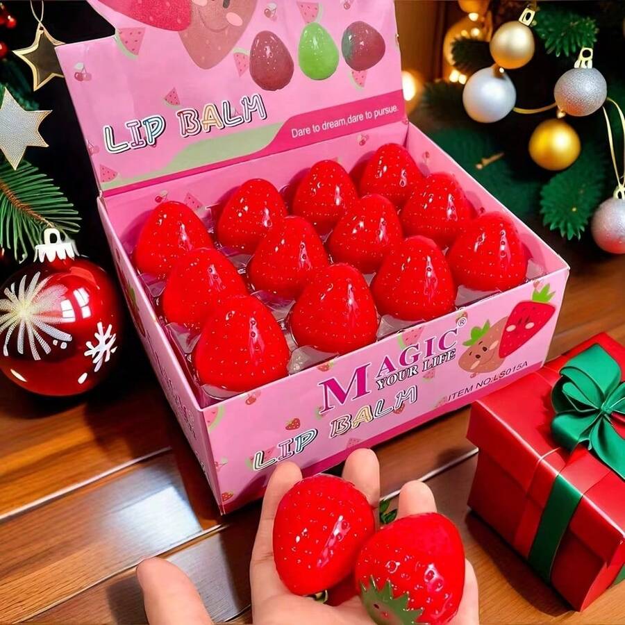 24Pcs Strawberry Peach Tomato Fruit Lip Balm Natural Formula Hydrating Repair Clear Lip Balm Moisturizing For Girls Lips Care - Strawberry - 查看 1