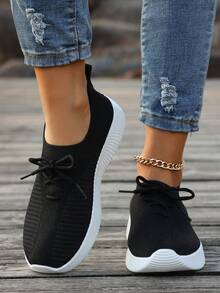 Women's Lace-Up Mesh Breathable Athletic Sneakers, Knit Upper, Casual Commuting Outdoor Walking Shoes, Soft Sole Non-Slip Lightweight Running Shoes, Spring/Autumn - Black - View 4