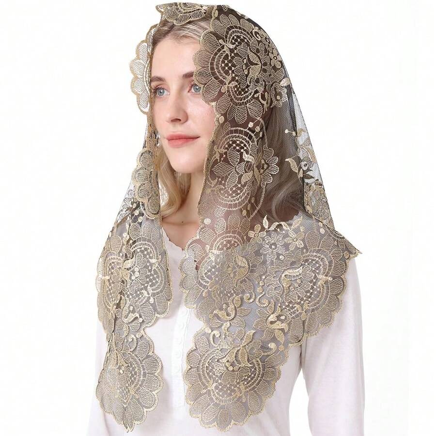 Chu 1rch Veil For Women - Catholic Latin Mass Veil With Lace Embroidery Mantilla Head Covering - 金色 - 查看 1