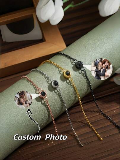 1 pieza Brazalete de proyección de foto personalizada, Brazalete de proyección redondo de acero inoxidable personalizado, Brazalete deportivo para mujer, Brazalete de proyección de foto de pareja personalizado, Brazalete de pareja, Brazalete de proyección de acero inoxidable personalizado, Joyería conmemorativa de foto