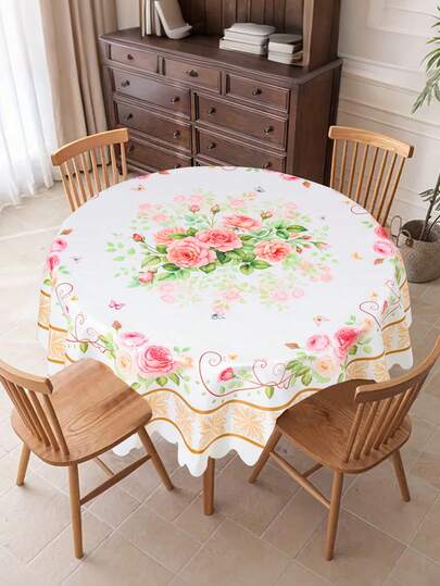 1Pc Pink Floral Tablecloth,Diameter 150cm Round Polyester Table Cover Spring Party Decor,Durable & Easy-Clean Tablecloth,Spring Home Decor,Wedding Supplies,Bridal Shower Decor,Birthday Party Decor,Spring Decorations,Babyshower Supplies,Elegant Table Setting,Kitchen Decor,Tabletop Decor