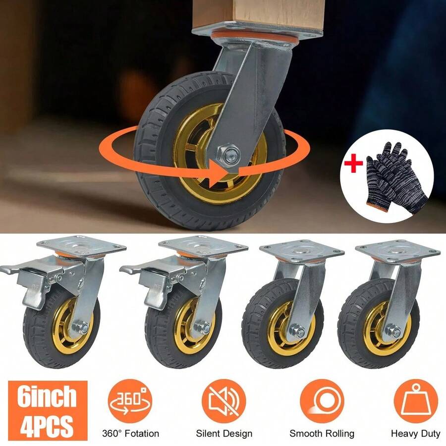 4Pcs 6" Inch Heavy Duty Swivel Caster Wheels Castor 1000KG Load, 2 With Brakes - Multicolor - View 1