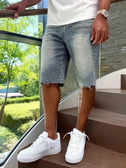 Shorts vaqueros con adornos de rhinestone para hombres, shorts vaqueros de ajuste holgado de moda casual para el verano, regalo para esposo/novio, adecuado para el trabajo, salidas, vacaciones urbanas, universidad y talla grande