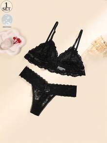 Aofeiqike Sexy Lace Deep V Backless Wireless Bra Set, Breathable, Elegant & Cute Women's Lingerie - Black - View 1