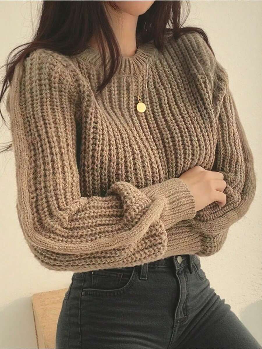 优雅针织毛衣 - 舒适长袖插肩圆领上衣，百搭时尚女式套头衫 - 卡其色 - 查看 1