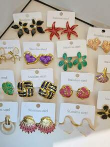 New Geometric Fashionable Metal Earrings, Exaggerated And Personalized Oil-Dropping Stud Earrings, Stainless Steel Metal Earrings, Exquisite And High-End Non-Fading Earrings. Perfect Gifts For Female Friends. Valentine's Day Holiday Party Wear 3/6/12 Pairs Random Set - Multicolor - View 1