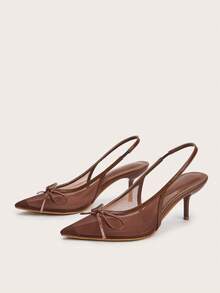 尖头网眼透气蝴蝶结踝带细高跟凉鞋，简约优雅，适合派对、宴会、办公室等场合。 - 咖啡棕 - 查看 5