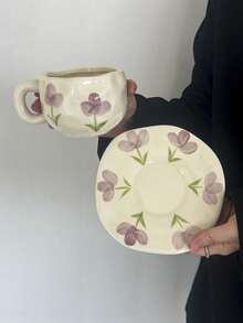 1 bộ cốc cà phê và đĩa lót bằng gốm sứ cao cấp họa tiết hoa tulip tím kiểu dáng Ins, cốc và đĩa tráng men vẽ tay, cốc đựng sữa ăn sáng, đĩa đựng bánh mì, cốc nước văn phòng, cốc Latte Art, cốc đựng nước ép, cốc nước cho cặp đôi, quà tặng ngày lễ cho gia đình và bạn bè - Nhiều màu - Xem 5