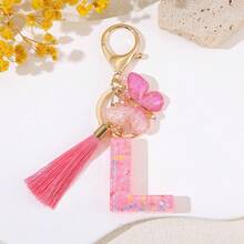 闪亮树脂字母钥匙扣，带流苏和蝴蝶吊坠，时尚配饰，送给朋友的理想礼物，包包挂件 - 粉色 - 查看 7
