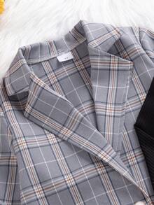 Young Girl 3-Piece Set: Plaid Double-Breasted Rose Blazer, Solid Color Top, And Plaid Mini Skirt, Casual Chic Outfit For School, Outdoor, Commute, And Vacation - Blue - View 7