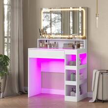 CollaredEagle Vanity Desk With Illuminated Mirror & Power Outlet, Bedroom Dresser LED Mirror Stepless Dimmable & 3 Color Modes Adjustable, LED Tempered Glass Top, Large-Capacity Storage Shelving - trắng - Xem 10