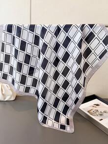 1 Pc Geometric Tartan Print Imitation Silk 68cm Spuare Scarf Women Hair Kerchief Handbag Hijab Bandana Suitable For Beach, Street, Daily, Vacation, Business, Fashionable Decoration Ribbon.