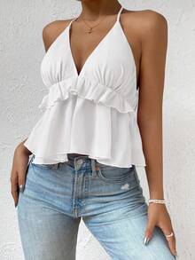 Women's Summer Solid Color Deep V-Neck Ruffle Trim Backless Halter Top White Casual - White - View 6