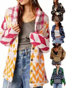 Women's Oversized Cardigan Sweater,Button Down Shawl Collar Sweater Coat,Y2K Print Fall Fashion Cardigans,Cozy Long Open Front Knit - 玫紅色 - 查看 1
