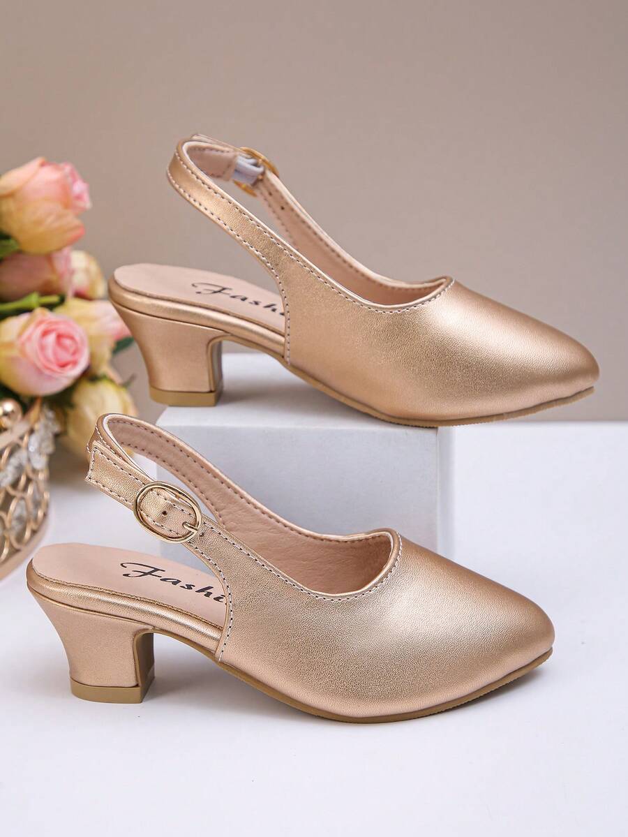 Girls' Heeled Sandals With Adjustable Activity Buttons,Pointed High Heels,Performance Shoes,Dance Party Dress Shoes, Versatile Shoes For All Seasons . - Champagne - View 1