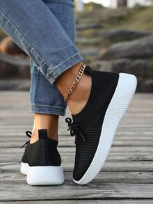 Women's Lace-Up Mesh Breathable Athletic Sneakers, Knit Upper, Casual Commuting Outdoor Walking Shoes, Soft Sole Non-Slip Lightweight Running Shoes, Spring/Autumn - Black - View 6