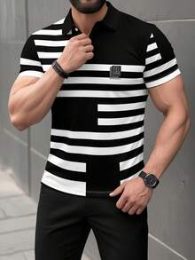 男士休闲字母条纹印花短袖Polo衫 - 彩色 - 查看 3