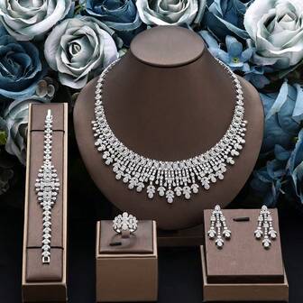 时尚立方氧化锆首饰套装，女士婚礼流苏项链耳环，阿联酋沙特阿拉伯4件套新娘派对首饰套装