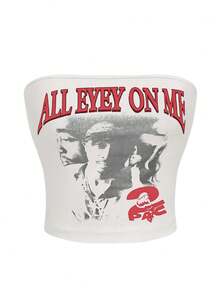 Women's Strapless Bandeau Top, New Summer Design With Portrait Graphic And Letter Print, Fashionable Casual Backless Cropped Camisole - White - View 3