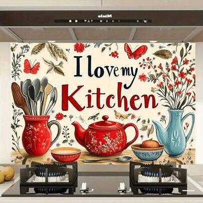1pc 2D Flat PVC Kitchen Decorative Sticker With "I Love My Kitchen" – Waterproof, Oil-Proof, And Scratch-Resistant, Featuring A Minimalist Design Suitable For Modern Kitchens Or Home Decor; Compatible With Walls, Cabinets, Wardrobes, And Plastic Surfaces