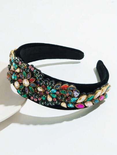1pc Retro Solid Color Fabric Wide-Brimmed European & American Baroque Style Headband, Heavily Decorated With Colorful Gemstones, Regal & Elegant For Formal Events, Parties, Balls