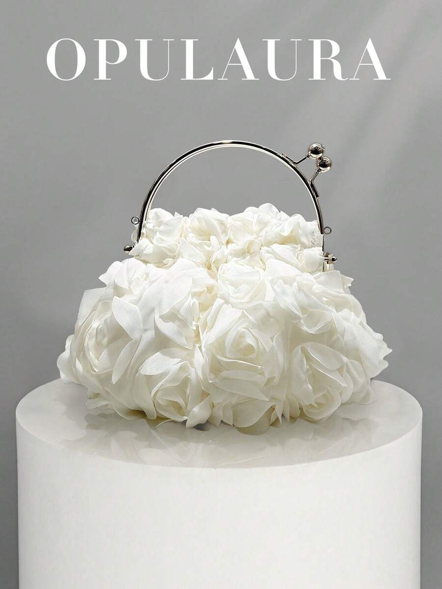 Ví cầm tay dự tiệc OpulAura dành cho nữ, màu trắng kem thanh lịch, trang trí hoa hồng, chất liệu satin xếp ly, họa tiết hoa, túi xách dự tiệc - Túi xách thời trang bằng chiffon hình cánh hoa với dây đeo vai dạng xích, vừa điện thoại cỡ ProMax và các vật dụng cần thiết, hoàn hảo cho cô dâu, đám cưới, hẹn hò, dạ hội, kỳ nghỉ, các dịp trang trọng, tiệc tốt nghiệp, tiệc mùa xuân, tiệc cocktail và các sự kiện đặc biệt (Họa tiết ngẫu nhiên) - trắng - Xem 1