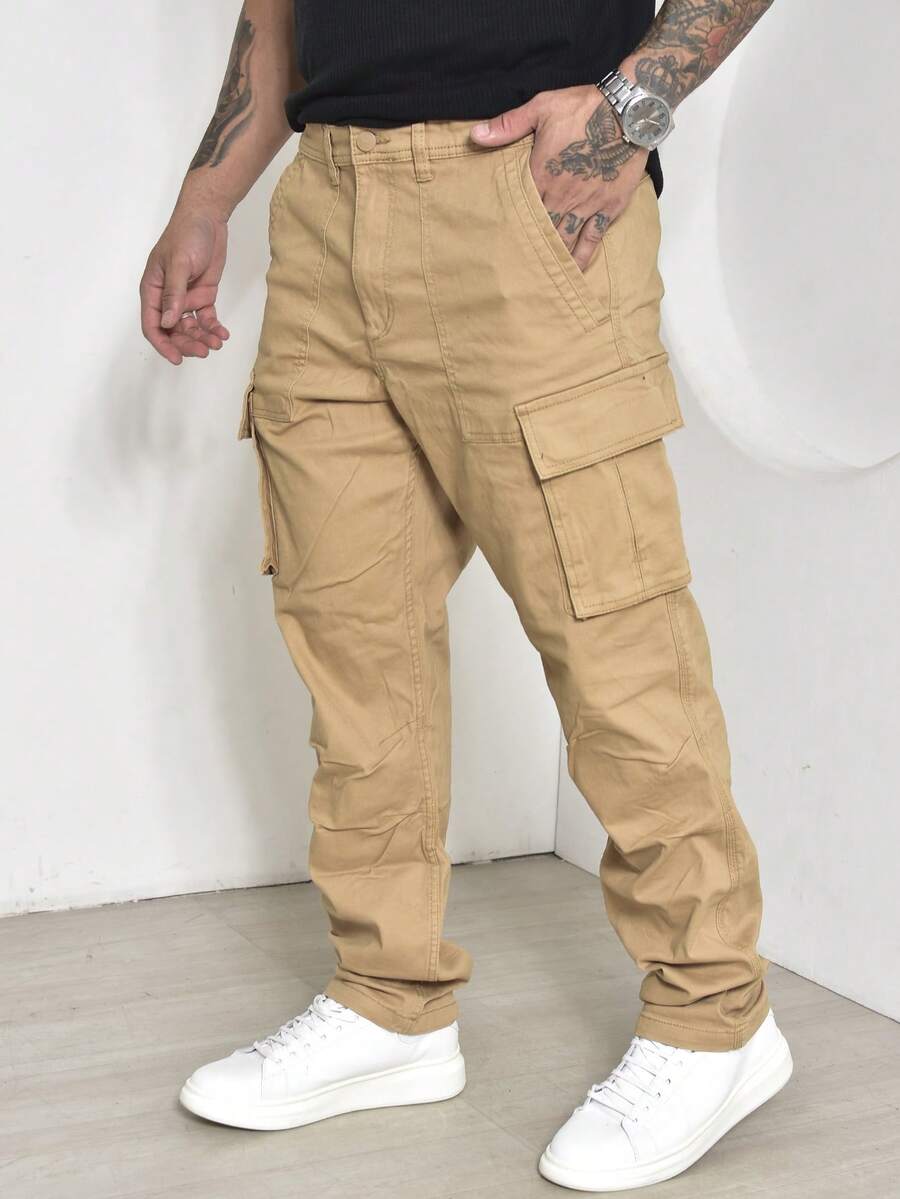 Men's Casual Cargo Pants With Multi-Pocket Design And Elastane - 駝色 - 查看 1